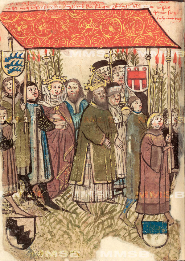 Fronleichnams-Prozession 1415 in Konstanz. Die Grafen von Lupfen, Montfort-Tettnang, Werdenberg-Heiligenberg und Nellenburg tragen den Baldachin über dem König. Zeichnung in der Richental-Chronik, Prager Exemplar.